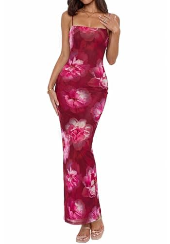 BTFBM Womens Maxi Dress 2026 Spring Floral Sexy Spaghetti Straps Sleeveless Bodycon Summer Beach Wedding Guest Dresses(Floral Rose Pink, Large) - Image 1