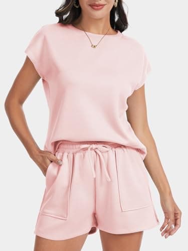 Lallabai 2 Piece Sets for Women Summer Outfits Lounge Sets Crew Neck Short Sets Cap Sleeve Drawstring Sweatsuit with Pocket - Thumbnail 2