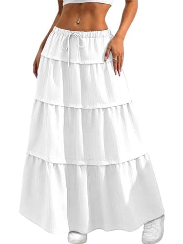 Anbech White Maxi Skirt Summer Boho Beach Dress Trendy Solid High Waist Pleated Ruffle Long Flowy Skirts with Pockets,White,XX-Large - Image 1