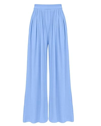 BTFBM Palazzo Pants for Women 2026 Summer Clothes Pockets High Waist Casual Knit Flowy Spring Wide Leg Trousers(Light Blue, Large) - Image 1