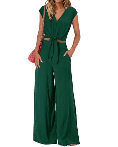 PRETTYGARDEN Women's Summer 2 Piece Outfits 2026 Cap Sleeve V Neck Belted Crop Tops Wide Leg Pant Sets Casual Tracksuit(Solid Dark Green,XX-Large) - Image 1