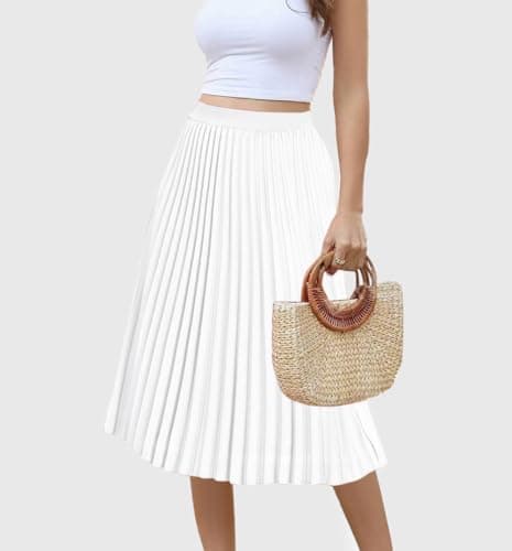 SLOWCOLIN Women's Midi Skirt Elastic High Waist Pleated Skirt Knee Length Swing A-Line Casual Flowy Skirts 2025 White,XL - Thumbnail 2