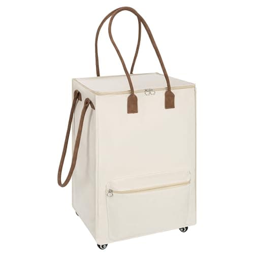 StorageWorks Grocery Cart on Wheels, Zipper Closure Rolling Bag, Shopping Trolley Carries Up to 44 lb, Rolling Tote Bag with Handles, Beige, 55L, Small - Image 1