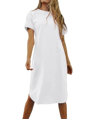 Dyexces Summer Dress for Women Crew Neck Short Sleeve Solid Basic T-Shirts Casual Midi Dresses with Pocket Z-White Small - Image 1