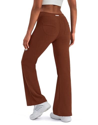 K-Swiss Women's Ribbed Flare Leggings - High Waisted Fleece Lined Bootcut Yoga Pants with Pockets for Lounge Work Casual, Dark Brown, XL - Image 1