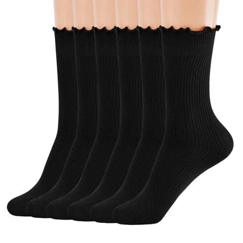 MORECOO Ruffle Socks Woman, Ruffle Turn-Cuff Breathable Cool Knit Cotton Lettuce Frilly Crew Mid-Calf Socks 6 Pack - Image 1