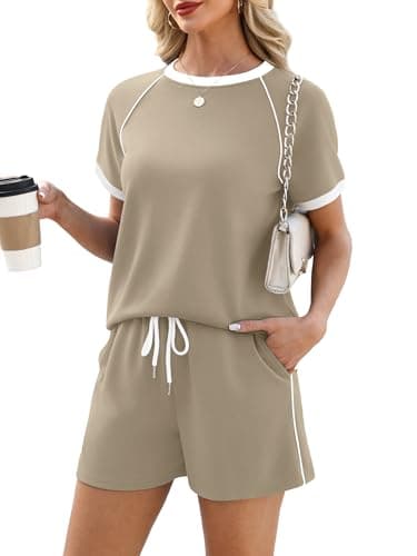 Casly Lamiit Womens 2 Piece Outfits Casual Lounge Sets Summer Short Sleeve Pulllovers Shorts Set Color Block Travel Airport Clothing Camel S - Image 1