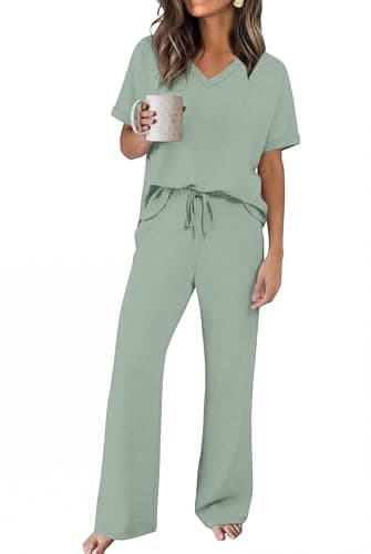 Sampeel Summer Sets for Women Airport Country Concert Business Casual Outfits V Neck Short Sleeve Matching Sets Comfy Loungewear Oversized Fashion Clothing Sage Green XL - Image 1