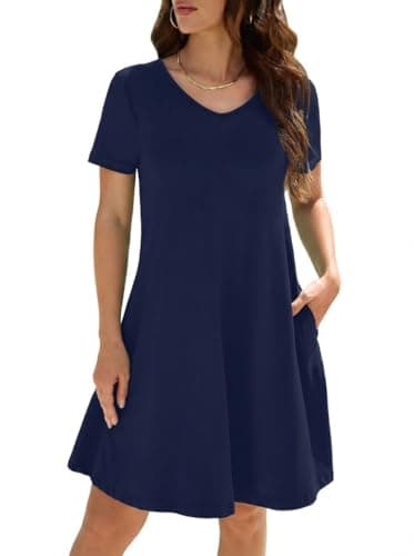 KORSIS Dresses for Women Casual T-Shirt Summer Short Sleeve A Line Sundress Swing Flowy Work Vacation Sundress with Pockets Navy Blue S - Image 1