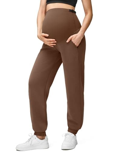 G4Free Maternity Sweatpants Adjustable Waist Lounge Casual Cinch Bottom Pregnancy Scrubs Pants with Pockets Over Bump(Dark Coffee,XS,Tall) - Image 1
