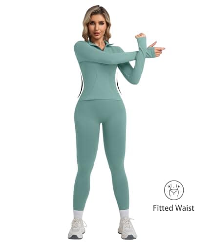 YOAKUKA Womens 2 Piece Workout Sets Quarter Zip Pullover High Waist Butt Lifting Leggings Seamless Yoga Outfits Gym Sets - Thumbnail 2
