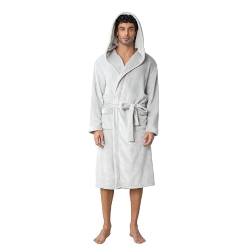 Lagtew Men's Hooded Fleece Bathrobe, Absorbent Anti-Static Plush Robe for Men with Pockets, Warm Soft for Home,LIGHT GREY,L/XL - Image 1