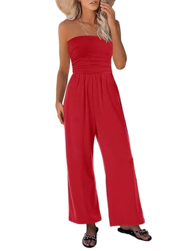 STOLKISS Strapless Jumpsuits for Women Summer Casual Loose Tube Top Jumpsuits One Piece Off Shoulder Wide Leg Rompers Red - Image 1