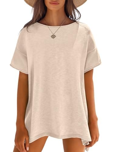 Caracilia Women Summer Lightweight Sweater Top Oversized Short Sleeve Drop Shoulder Seams Outside Casual T-Shirts Trendy 2026 Beige XX-Large - Image 1