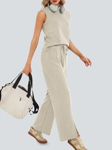 Casly Lamiit Womens 2 Piece Set Summer Outfits Mock Neck Tank Top Front Slit Pants Airport Travel Lounge Wear Striped Tracksuits Dark Beige S - Thumbnail 3