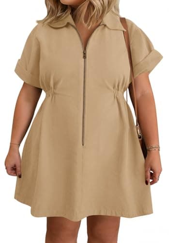 Beautife Women's Plus Size Shirt Dress Short Sleeve Zip Up Lapel Summer Casual Mini Dresses with Pockets Khaki - Image 1