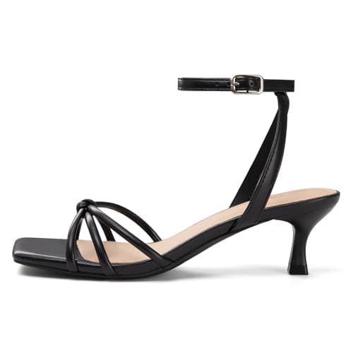 Athlefit Black Kitten Heels for Women Square Open Toe Strappy Low Heels Comfortable Dressy Ankle Strap Sandals Size 6 - Thumbnail 4
