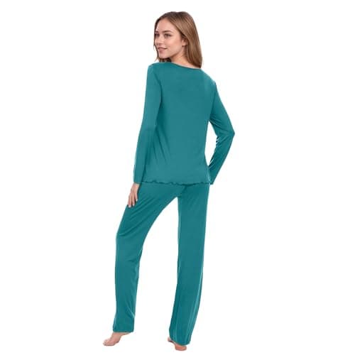 Navisting Women's Soft Knit Pajamas Set V-Neck Top and Pants Long Sleeve Two Piece Loungewear Elegant Wavy Hem Sleepwear with Color Options Teal M - Thumbnail 2