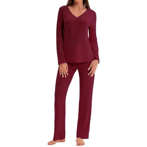 Navisting Women's Soft Knit Pajamas Set V-Neck Top and Pants Long Sleeve Two Piece Loungewear Elegant Wavy Hem Sleepwear with Color Options Burgundy M - Image 1