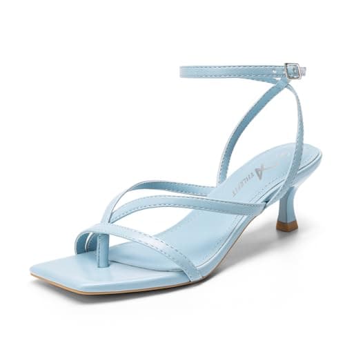 Athlefit Kitten Strappy Heels for Women Blue Square Open Toe Low Heels Sandals Ankle Strap Sexy Party Wedding Dress Shoes Size 6.5 - Image 1