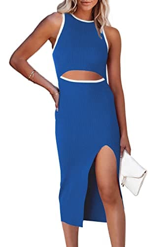 PRETTYGARDEN Women's Summer Midi Bodycon Dresses Casual Crew Neck Side Slit Sleeveless Knit Cut Out Tank Top Dress (Z-Blue,Large) - Image 1