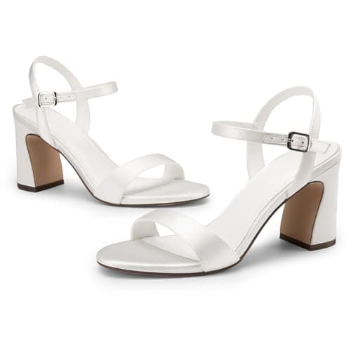 XMWEALTHY White Chunky High Heels for Women 3-Inch Comfortable Open Toe Wedding Bridal Heels Ankle Strap Summer Dressy Party Heeled Sandals Size 6 - Thumbnail 4