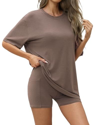 Flevita Women's 2 Piece Outfits Summer Tracksuit Soft Loose Lounge Shorts Set Short Sleeve Matching Clothing Pjs with Pocket Brown XL - Image 1