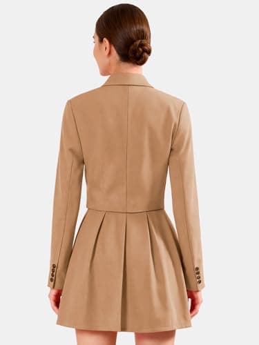 EXLURA Women's Long Sleeve Blazer Suit Sets with Pleated Mini Skirt Fall 2 Piece Outfits Trendy Y2K Fashion Clothes Khaki - Thumbnail 6