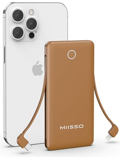 10000mAh Slim Portable Charger with Built in Cable, Power Bank Travel Charger External Battery Pack for Phone, 4 Output USB Type C Cord Clutch Charger Compatible with iPhone, Brown - Image 1