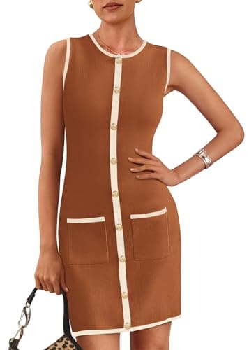 KIRUNDO Women's Work Business Casual Dress 2026 Summer Cocktail Semi Formal Office Elegant Classy Knit Color Block Dresses(Caramel, Small) - Image 1