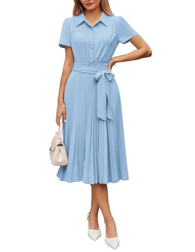 GRACE KARIN Women 2026 Summer Business Shirt Dress,Short Sleeve Collared Neck Button Midi Dresses,Pleated Casual Dresses Light Blue XL