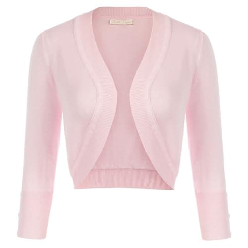 Belle Poque Womens Petite 3/4 Sleeve Bolero Shrug Open Front Knit Cropped Cardigan(Light Pink S) - Thumbnail 3