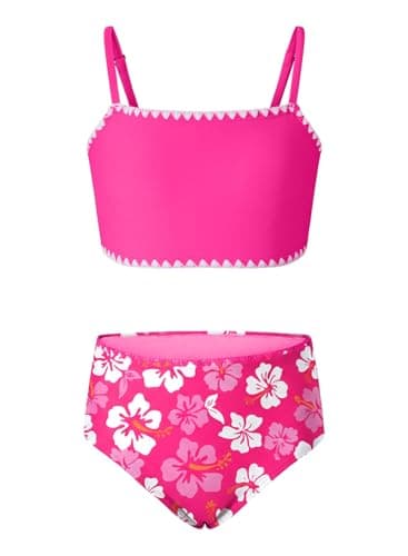 blibean Tween Girls Swimsuit Teen Two Piece Bathing Suit Little Kids Hawaii Bikini Sets Junior High Waisted Swimwear Floral Boho Swimming Suits Beach Traje Baño Niñas Size 6-7 Year Old Rose Red - Image 1