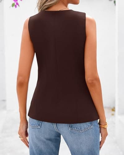 BTFBM Summer Sleeveless Blazer Vest For Women Dressy Button Down Round Neck Business Casual Outfits Work Suit Vests Tops(Brown, X-Large) - Thumbnail 3