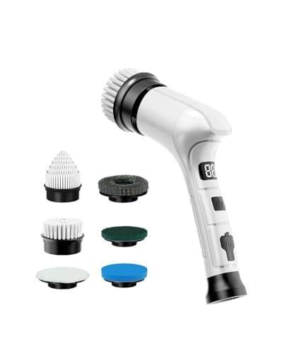 Electric Spin Scrubber, Cordless Household Cleaning Brush with 6 Replaceable Heads, 3 Speeds, LED Display, Lightweight Handheld Power Scrubber for Cleaning Stove/Bowl/Sink/Corner/Tile/Grout-White