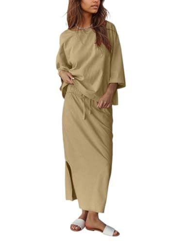 Halfword 2 Piece Sets for Women Oversized Shirt and Maxi Skirt Set Vacation Clothes Casual Lounge Set with Pockets Beige S - Image 1
