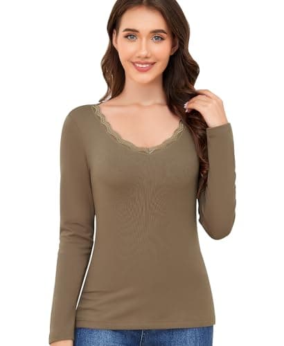 Ganado Long Sleeve Shirts for Women Lace V Neck Thermal Shirt Fitted Basic Tops Plain Layering Undershirts (Light Brown, Medium) - Image 1