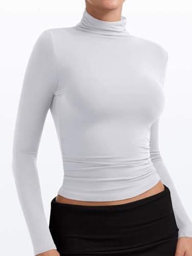 PINKMSTYLE Turtleneck Long Sleeve Backless Top Womens Ruched Double Lined Tops Sexy Outfit for Going Out White Large - Thumbnail 3