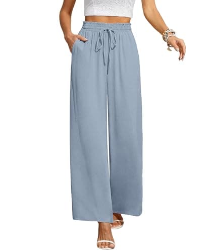 CZYINXIAN Women's Casual Wide Leg Pants Flowy Adjustable Tie Knot Elastic Waist Pants with Pockets(Gray Blue, XX-Large) - Image 1