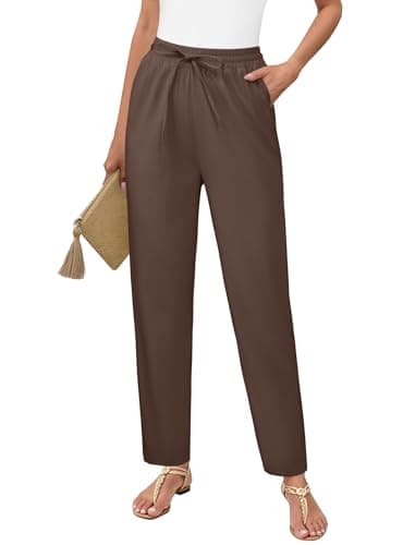 DLOODA Womens Cropped Linen Pants, High Waisted Drawstring Casual Lounge Ankle Trousers with Pockets Beach Vacation Outfits Brown - Image 1