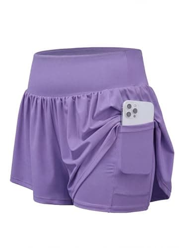 Stelle Women 2 in 1 Running Shorts Flowy Athletic Short High Waisted Workout Tennis Gym Short with Liner Pockets (Lavender, M) - Image 1