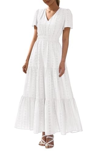 BTFBM Womens Summer Dresses 2026 V Neck Hollow Out Eyelet A Line Flowy Boho Beach Vacation Wedding Guest Maxi Dress(White, Small) - Image 1