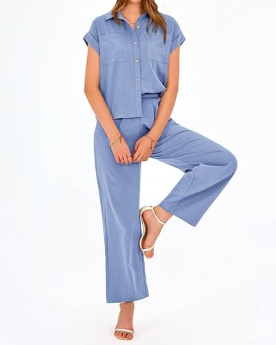 PRETTYGARDEN Womens 2 Piece sets Summer Cap Sleeve Tops Palazzo Pants Dressy Casual Vacation Travel Outfits Tracksuits(Sky Blue,Medium) - Thumbnail 6