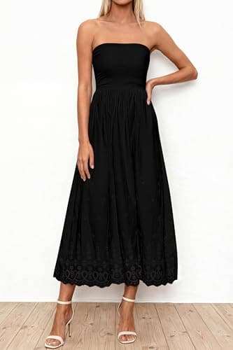 PRETTYGARDEN Womens Summer Dresses 2026 Sexy Sleeveless Tube Top Long Dress Eyelet Cotton Maxi Beach Sundress Pockets(Black,XX-Large) - Thumbnail 2