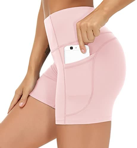 THE GYM PEOPLE High Waist Yoga Shorts for Women's Tummy Control Fitness Athletic Workout Running Shorts with Deep Pockets (Small, Pink) - Image 1