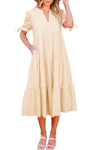 ECOWISH Women Summer Casual Dress - V Neck Short Sleeve Midi Pleated Tiered Plaid Loose Beach Holiday Picnic Dresses Beige X-Large - Image 1