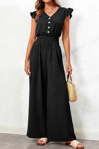 dowerme Women's Jumpsuits Dressy Casual 2026 Summer Ruffle Cap Sleeve V Neck Button Smocked Rompers Wide Leg Overalls(Black,XX-Large) - Thumbnail 5