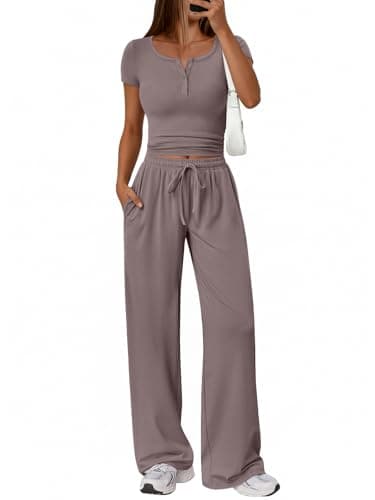 Trendy Queen Women 2 Two Piece Matching Lounge Sets 2026 Spring Summer Fashion Beach Vacation Clothes Workout Gym Top Wide Leg Pants Sweat Suits Airport Travel Outfits Casual Sweatsuit Loungewear - Image 1