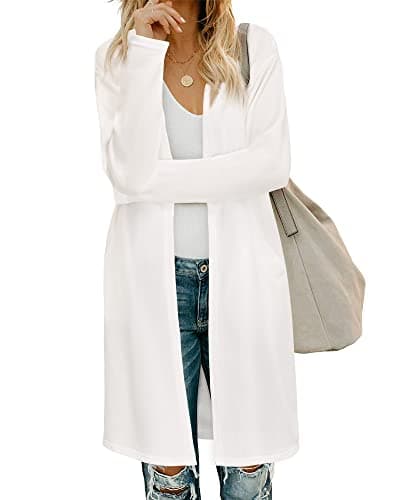 OUGES Women's 2026 Fashion Fall Winter White Open Front Long Sleeve Lightweight Sweater Cardigan Shirt with Pockets(White,L) - Image 1