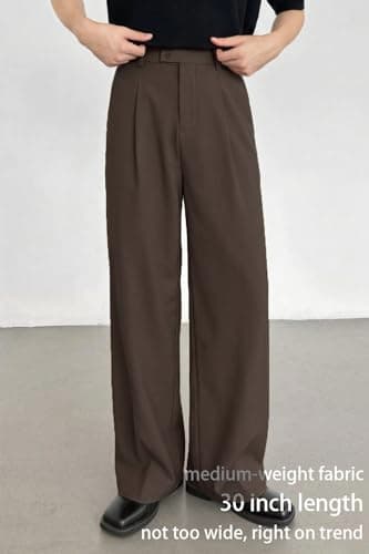 Heyfanee Wide Leg Dress Pants Men Loose Fit Pleated Slacks Baggy Stretchable Brown 28 - Thumbnail 4